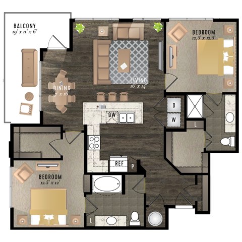 A floor plan of a balcony apartment with two bedrooms, a living room, a dining room, a kitchen, and a bathroom.